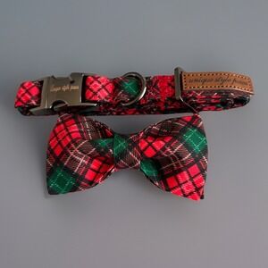 Unique Style Paws XS Dog Collar & Bow Red Green Plaid Unisex Adjustable Xmas New